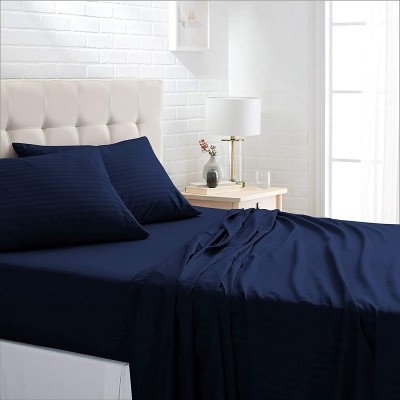 ANextstep 240 TC Cotton King Striped Flat Bedsheet(Pack of 1, Navy Blue)