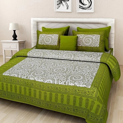 RAJDEVI JAIPUR PRINTS 228 TC Cotton King 3D Printed Flat Bedsheet(Pack of 1, Green)