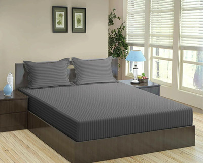 BEVI 300 TC Microfiber Double Striped Fitted (Elastic) Bedsheet(Pack of 1, Dark Grey)