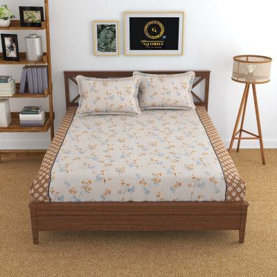 GLORIES 210 TC Microfiber King Printed Fitted (Elastic) Bedsheet(Pack of 1, Beige)