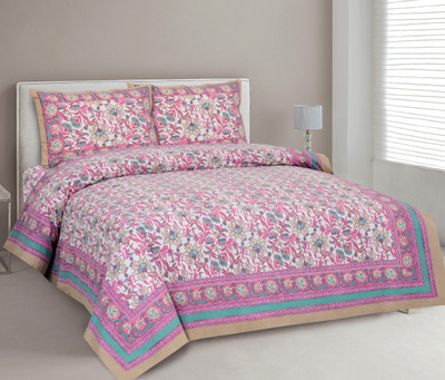 CLOTHOLOGY Cotton King Flat 240 TC Jaipuri Prints Bedsheet(Pack of 1, Pink, Brown, Sea Green)