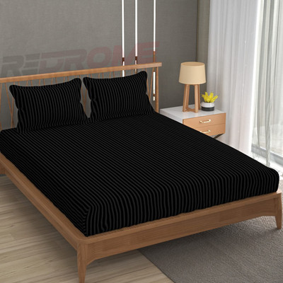 REDROME Cotton Double Flat 300 TC Striped Bedsheet(Pack of 1, Black)