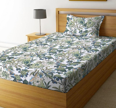 RRC 144 TC Microfiber Single Printed Fitted (Elastic) Bedsheet(Pack of 1, Green, White)