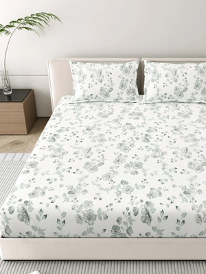 Mafatlal Cotton King Flat 186 TC Floral Bedsheet(Pack of 1, White & Grey)