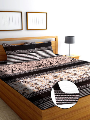 SHOMES Woolen King Fitted (Elastic) 380 TC Floral Bedsheet(Pack of 1, Brown)