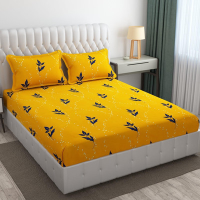 HOMETIC Cotton Double Fitted (Elastic) 320 TC Printed Bedsheet(Pack of 1, Yellow)