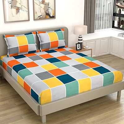 Kawi 200 TC Polycotton Queen Geometric Fitted (Elastic) Bedsheet(Pack of 1, Multi Yellow)