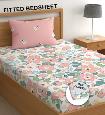 CG Homes Cotton Single Fitted (Elastic) 180 TC Printed Bedsheet(Pack of 1, Pink Flower)