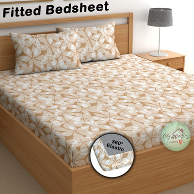 CG Homes Cotton Double Fitted (Elastic) 180 TC Printed Bedsheet(Pack of 1, Camel Brown)