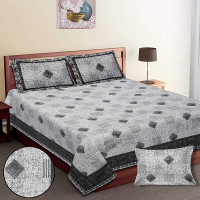 Madam Rumana Cotton King Flat 200 TC Printed Bedsheet(Pack of 1, Grey)