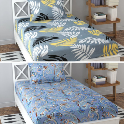 Prosseya 220 TC Cotton Single Printed Flat Bedsheet(Pack of 2, Multi 11)