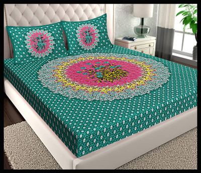 JAIPUR PRINTS Cotton Double Flat 160 TC Printed Bedsheet(Pack of 1, Green)