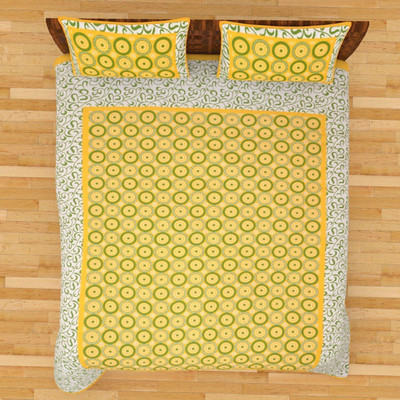 ABHISHEK FASHION 144 TC Cotton Double Jaipuri Prints Flat Bedsheet(Pack of 1, Yellow, White)