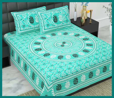 BedZone Cotton Double Flat 240 TC Jaipuri Prints Bedsheet(Pack of 1, Sky)