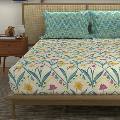 Urban Space Cotton Double Flat 144 TC Printed Bedsheet(Pack of 1, Spring Turquoise)