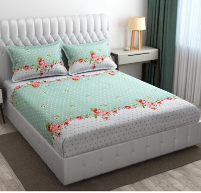 Aparna Cotton King Flat 240 TC 3D Printed Bedsheet(Pack of 1, Green,White)