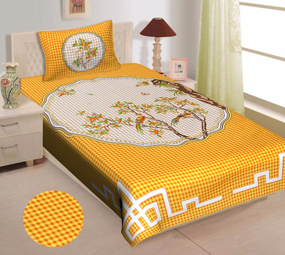 E ELMA 250 TC Cotton Single Jaipuri Prints Flat Bedsheet(Pack of 1, Yellow)