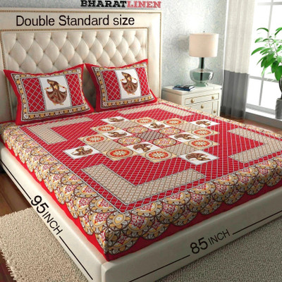 BharatLinen Cotton King Flat 144 TC Jaipuri Prints Bedsheet(Pack of 1, Red)