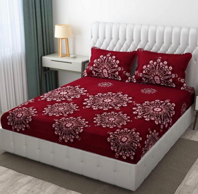 The Divine 450 TC Cotton Super King 3D Printed Fitted (Elastic) Bedsheet(Pack of 1, 1866-Red)