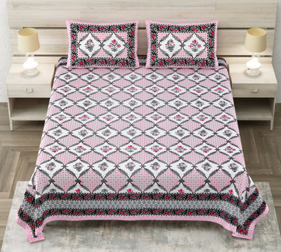 Sandhya Lifestyle Cotton Super King Flat 300 TC Jaipuri Prints Bedsheet(Pack of 1, Multicolor, Pink, Green, Grey, White)
