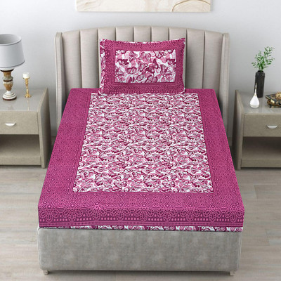 E ELMA Cotton Single Flat 240 TC Jaipuri Prints Bedsheet(Pack of 1, Purple)