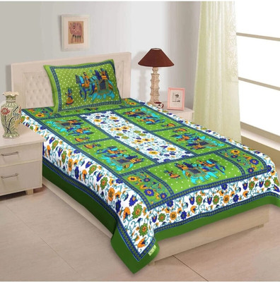 LAPNOR 144 TC Cotton Single Printed Flat Bedsheet(Pack of 1, Green)
