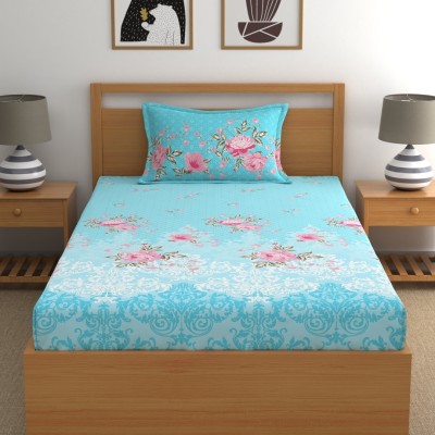 Home Ecstasy 140 TC Cotton Single Floral Fitted (Elastic) Bedsheet(Pack of 1, Blue)