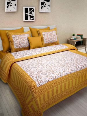 E ELMA 250 TC Cotton Double Jaipuri Prints Flat Bedsheet(Pack of 1, Yellow)