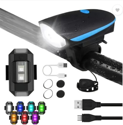 HAPPYRIDER Bicycle Combo Of Front Cycle Light Back Tail/Helmet Light Bell(Blue)