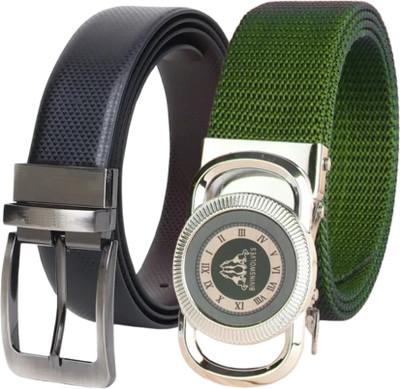 LAER Men Casual Black, Green Synthetic Reversible Belt