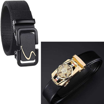 Flipcon Men Casual Black Nylon, Genuine Leather Belt