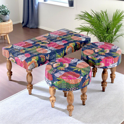 Ikiriya Bestone Sheesham Wood Mid Century Solid Wood 4 Seater(Finish Color - Fruit Print Blue Kantha 4s, DIY(Do-It-Yourself))