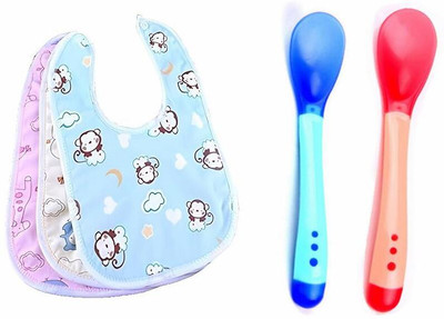 Raunix 2 Baby Feeding Bibs with 2 Silicone Spoon | Baby Apron | BPA Free Feeding Spoon(Multicolor)