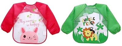 MOMISY Waterproof Cartoon Full sleeve Painting Apron Feeding Bibs (pack of 2)(Red Happy-Green Jungle)