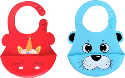 The Little Lookers Silicone Feeding Bib with Adjustable Strap, Waterproof, Easy to wash, Stain Proof | BPA Free/Soft Material Bibs with Tray/Food Catcher (Sky Blue & Red, Pack of 2)(Sky Blue & Red)