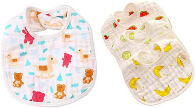 BabyGo Muslin Pure Cotton Cartoon Print 8 Layer Baby Bibs Set of 4 (Multicolor)(Multicolor)