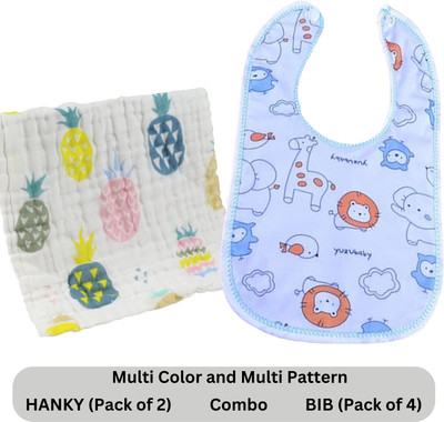 Wooattire Baby Multi Color and Multi Pattern Hankies (Pack Of 2) and Bibs (Pack Of 4)(Multicolor)