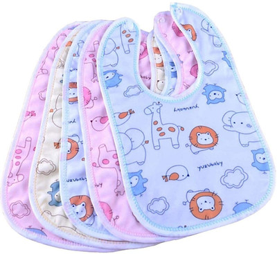 Kidsify Baby Button Bibs Apron for Feeding and Drooling Cute Animated Print with Tich Button Double Layered Waterproof (Pack of 5)(Multicolor)