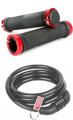 CYCLOWN ALLBLACK MULTIROUND ANTITHEFT RING LOCK WITH RED ALUMINIUM HANDLE GRIP SET . Bicycle Handle Grip(130 mm)