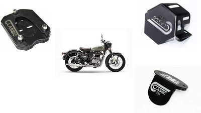 BRXR Reborn 350 Front Rear Brake Oil Container Guard, Side Stand Extender Combo Black Bike Crash Guard(Royal Enfield)