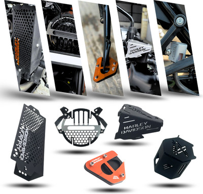 PHANTOM Radiator Guard (White) Headlight Grill, Side Stand & Black Oil Caps Combo Kit Bike Crash Guard(Harley Davidson)