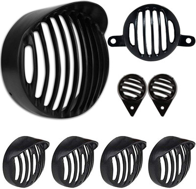 Amaflip Combo of Heavy Metal Cap Headlight Grill, Indicator Grill Set Bike Headlight Grill(Black)