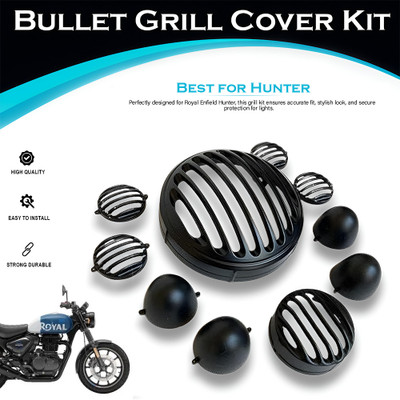 ASRYD Hunter 350 Full Grill Set For Headlight All Light Parts Protection Bike Headlight Grill(Black)