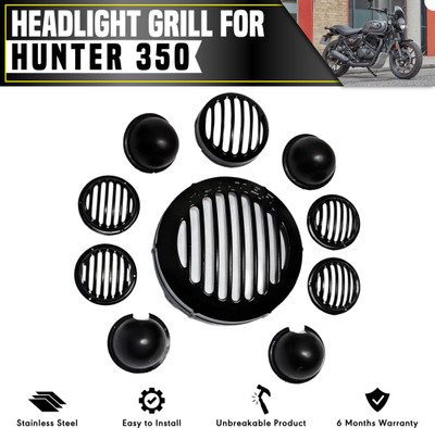 BRXR Hunter 350 CNC Metal Headlight Grill/Jali Cover Set with Tail Lamp & Indicators Bike Headlight Grill(Black)
