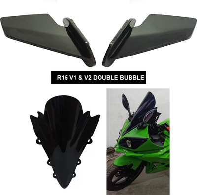 acube mart double bubble Visor for Yamaha R15 V1/V2 (Black) + bike side wings winglet WW-1 Bike Headlight Visor