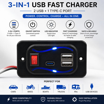 YASH AUTO ELECTRICALS 3-in-1 Fast USB Charger With Dual USB & Type-C 12V/24V for Car, Bike and scooty 5 A Bike Mobile Charger