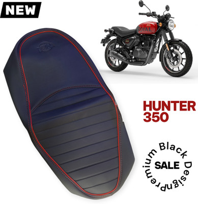 RED ALIENS HUNTER 350-BIKE LEATHER SEAT COVERS,BLACK WITH RED R3,Ready to FIT Rope PROVIDED Single Bike Seat Cover For Royal Enfield Hunter 350