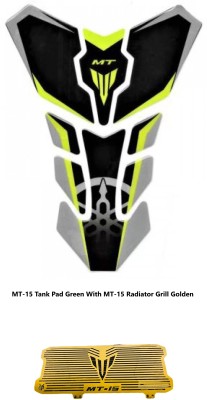 VermsBikers Yamaha Tank Pad for MT15 Green With MT 15 Radiator Grill Guard Dash (Golden) Bike Tank Pad