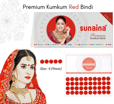 SUNAINA Red Sticker Premium Kumkum Bindi 12 Cards Size-4 (9mm) FORHEAD Red Bindis(STICK ON)
