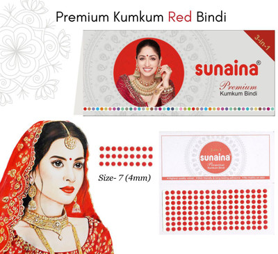 SUNAINA Red Sticker Premium Kumkum Bindi 12 Cards Size-7 (4mm) FORHEAD Red Bindis(STICK ON)